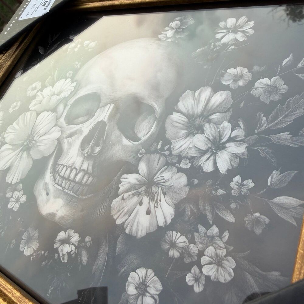NEW Halloween Glass Framed Art Floral Skull Black and White 11x9in - Picture 2 of 5